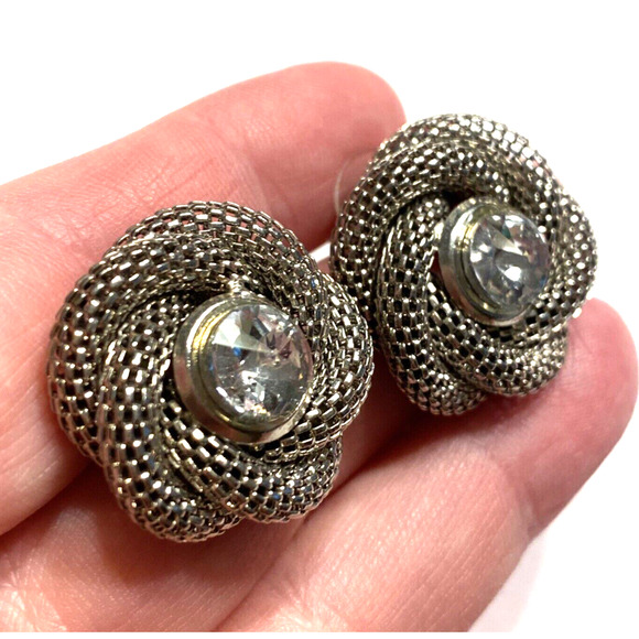 Vintage Y2K Pierced Earrings Silvertone Twisted Mesh & Clear Rhinestone Center - Picture 2 of 5